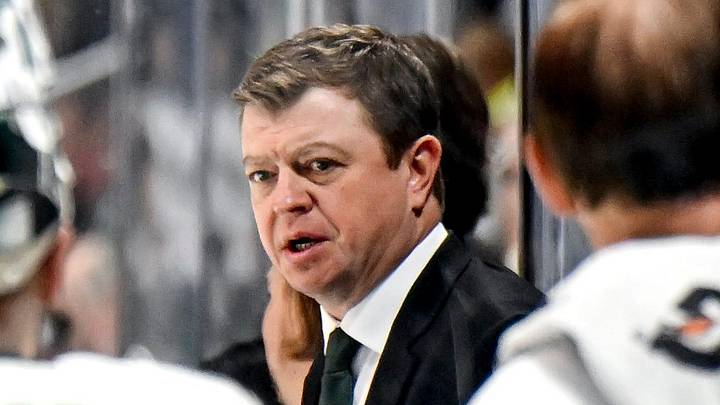 Michigan State's head coach Adam Nightingale talks to the team before the start of the second period of the Big Ten tournament game against Ohio State on Saturday, March 16, 2024, at Munn Arena in East Lansing.