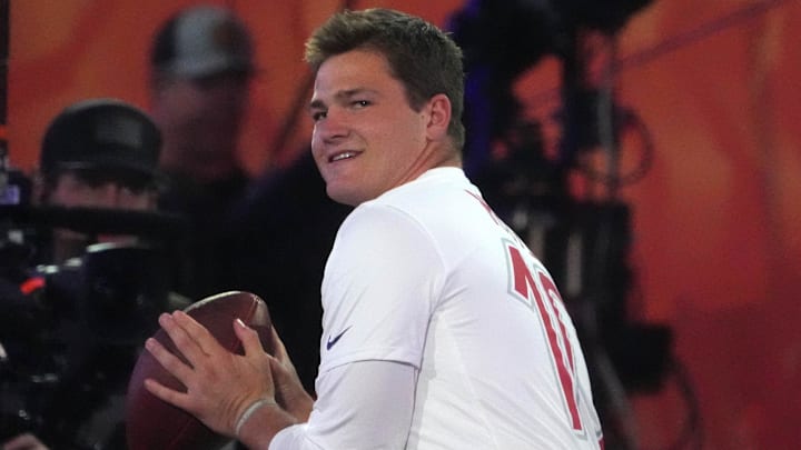 Jan 30, 2025; Orlando, FL, USA; AFC quarterback Drake Maye (10) throws the ball during the Passing the Test event at the Pro Bowl Skills Challenge at Nicholson Fieldhouse. Mandatory Credit: Kirby Lee-Imagn Images