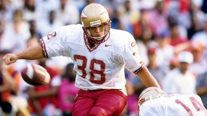 Sep 20, 1997; Clemson, SC, USA; FILE PHOTO; Florida State Seminoles kicker Sebastian Janikowski (38) kicking a field goal against the Clemson Tigers at Memorial Stadium. Mandatory Credit: RVR Photos-USA TODAY Sports Sep 20, 1997; Clemson, SC, USA; FILE PHOTO; Florida State Seminoles kicker Sebastian Janikowski (38) kicking a field goal against the Clemson Tigers at Memorial Stadium. Mandatory Credit: RVR Photos-USA TODAY Sports