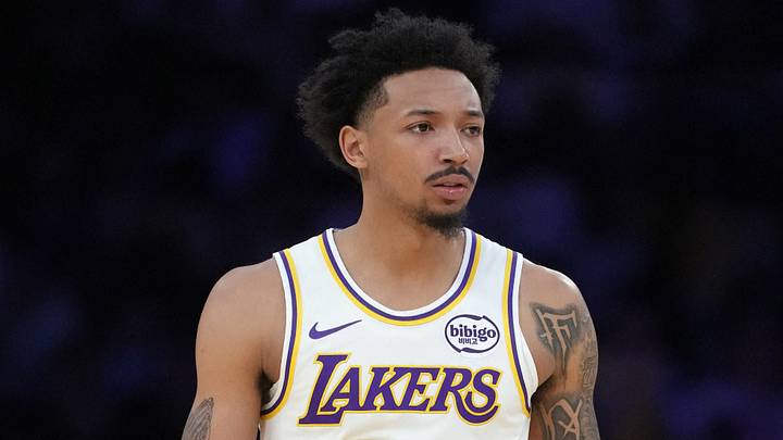 Apr 12, 2026; Los Angeles, California; Los Angeles Lakers guard Nick Smith Jr. (20) reacts against the Utah Jazz at the Crypto.com Arena. Mandatory Credit: Kirby Lee-Imagn Images