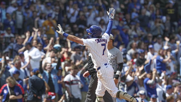 May 17, 2025; Chicago, Illinois, USA; Chicago Cubs shortstop Dansby Swanson (7) round the bases after hitting a solo home run against the Chicago White Sox during the fifth inning at Wrigley Field. 