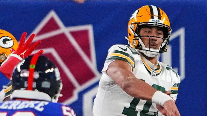 Green Bay Packers quarterback Jordan Love (10) throws a pass during against the Giants in 2023. Green Bay Packers quarterback Jordan Love (10) throws a pass during against the Giants in 2023.