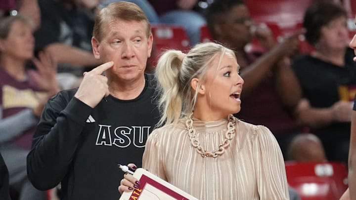 ASU Sun Devils head coach Molly Miller talks to her team on the sidelines as they play the Kansas State Wildcats at Desert Financial Arena in Tempe on Feb. 1, 2026. ASU Sun Devils head coach Molly Miller talks to her team on the sidelines as they play the Kansas State Wildcats at Desert Financial Arena in Tempe on Feb. 1, 2026.