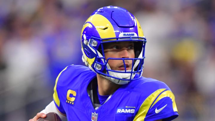 Jan 4, 2026; Inglewood, California, USA; Los Angeles Rams quarterback Matthew Stafford (9) looks downfield against the Arizona Cardinals during the second half at SoFi Stadium. Mandatory Credit: Gary A. Vasquez-Imagn Images Jan 4, 2026; Inglewood, California, USA; Los Angeles Rams quarterback Matthew Stafford (9) looks downfield against the Arizona Cardinals during the second half at SoFi Stadium. Mandatory Credit: Gary A. Vasquez-Imagn Images