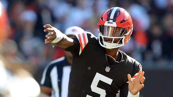 Cleveland Browns quarterback Jameis Winston (5) attempts a pass during the second half of an NFL football game at Huntington Bank Field, Sunday, Oct. 20, 2024, in Cleveland, Ohio.