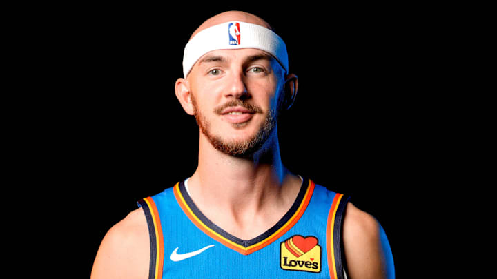 Alex Caruso is pictured during the Thunder media day at the Paycom Center in Oklahoma City, on Monday, Sept. 30, 2024.
