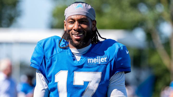Detroit Lions wide receiver Tay Martin (17) smiles during training camp Detroit Lions wide receiver Tay Martin (17) smiles during training camp