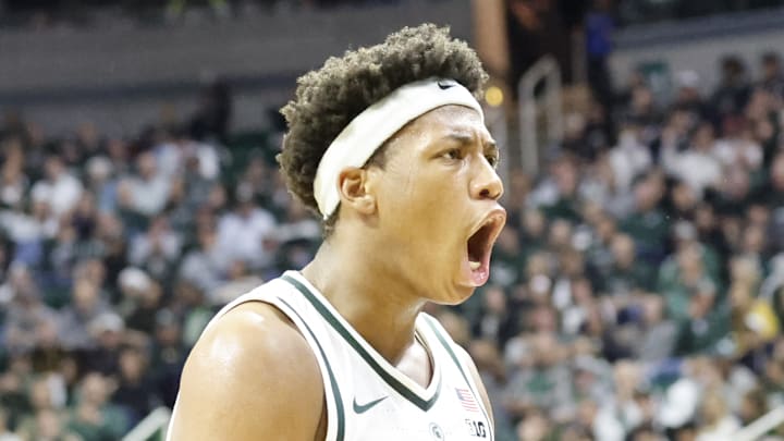 Michigan State Spartans guard Jeremy Fears Jr. yells to the crowd during a game at the Breslin Center against the Iowa Hawkeyes on Tuesday, Dec. 2, 2025. Michigan State Spartans guard Jeremy Fears Jr. yells to the crowd during a game at the Breslin Center against the Iowa Hawkeyes on Tuesday, Dec. 2, 2025.