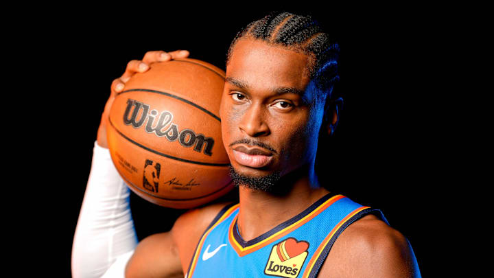 Shai Gilgeous-Alexander is pictured during the Thunder media day at the Paycom Center in Oklahoma City, on Monday, Sept. 30, 2024.