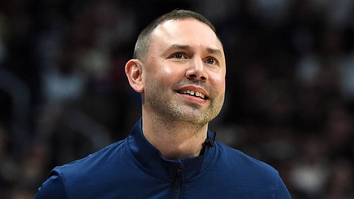 Apr 18, 2026; Denver, Colorado, USA; Denver Nuggets head coach David Adelman walks the sideline after being called for a technical foul during the first half against the Minnesota Timberwolves in game one of the first round of the 2026 NBA Playoffs at Ball Arena. Mandatory Credit: Christopher Hanewinckel-Imagn Images