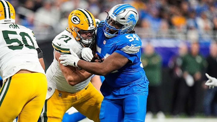 Detroit Lions defensive tackle Alim McNeill (54) pressures Green Bay Packers center Josh Myers (71) Detroit Lions defensive tackle Alim McNeill (54) pressures Green Bay Packers center Josh Myers (71)