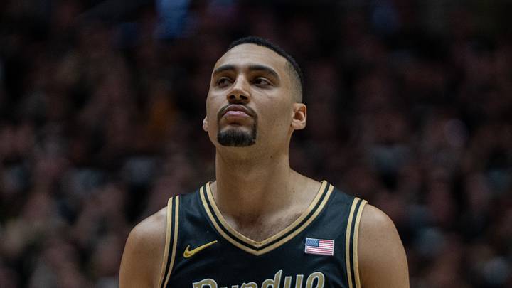 Mar 7, 2026; West Lafayette, Indiana, USA; Purdue Boilermakers forward Trey Kaufman-Renn (4) looks into the crowd before opening tipoff of a game against the Wisconsin Badgers at Mackey Arena. Mandatory Credit: Jacob Musselman-Imagn Images Mar 7, 2026; West Lafayette, Indiana, USA; Purdue Boilermakers forward Trey Kaufman-Renn (4) looks into the crowd before opening tipoff of a game against the Wisconsin Badgers at Mackey Arena. Mandatory Credit: Jacob Musselman-Imagn Images