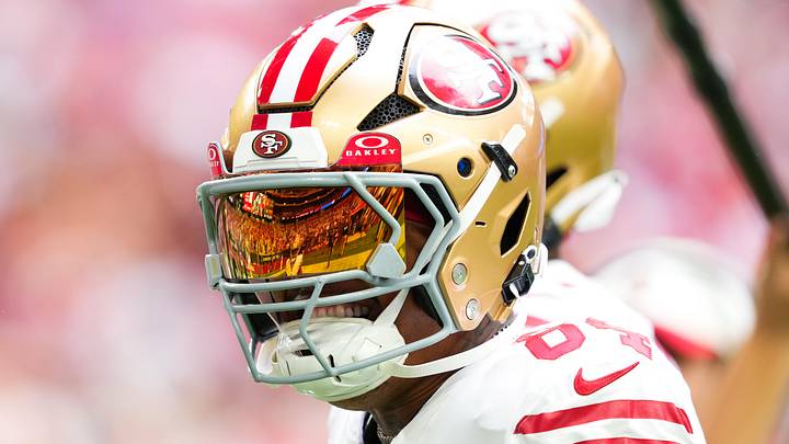 Nov 16, 2025; Glendale, Arizona, USA; San Francisco 49ers wide receiver Kendrick Bourne (84) shakes hands with wide receiver Demarcus Robinson (5) before the game against the Arizona Cardinals at State Farm Stadium. Mandatory Credit: Joe Camporeale-Imagn Images