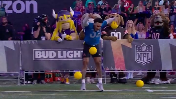 Brian Branch is knocked out of the Pro Bowl dodge ball game. Painfully.