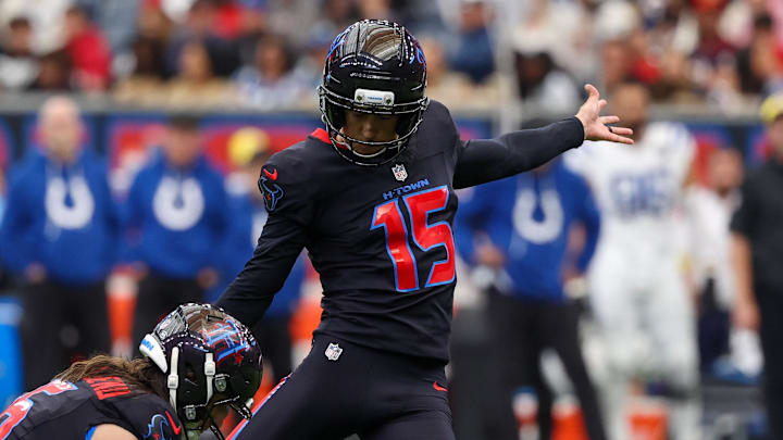 Jan 4, 2026; Houston, Texas, USA; Houston Texans place kicker Ka'imi Fairbairn (15) kicks a field goal against the Indianapolis Colts  in the first half at NRG Stadium. Mandatory Credit: Thomas Shea-Imagn Images