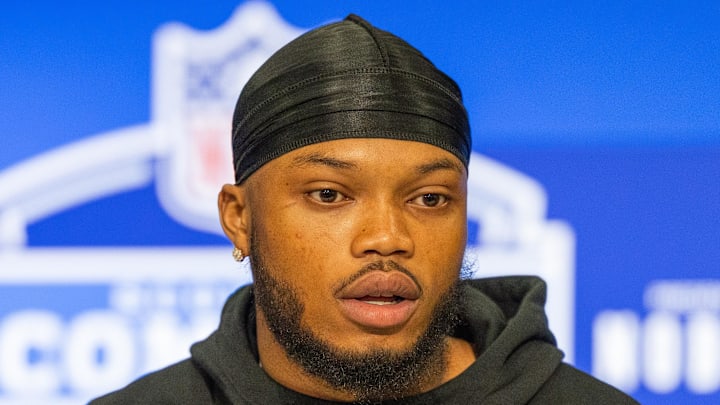 Mar 1, 2024; Indianapolis, IN, USA; Oregon wide receiver Troy Franklin (WO08) talks to the media during the 2024 NFL Combine at Lucas Oil Stadium. Mandatory Credit: Trevor Ruszkowski-Imagn Images