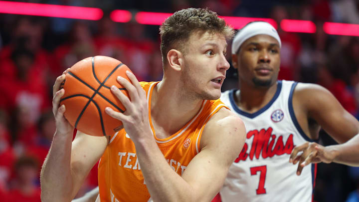 Mar 5, 2025; Oxford, Mississippi, USA; Tennessee Volunteers forward Igor Miličić Jr. (7) handles the ball against the Mississippi Rebels during the second half at The Sandy and John Black Pavilion at Ole Miss. Mandatory Credit: Wesley Hale-Imagn Images