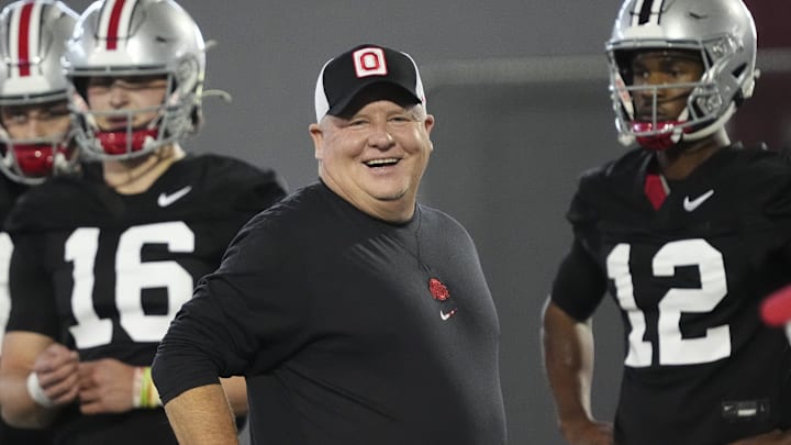 Mar 5, 2024; Columbus, OH, USA; Ohio State Buckeyes offensive coordinator Chip Kelly works with quarterbacks during the first spring practice at the Woody Hayes Athletic Center.