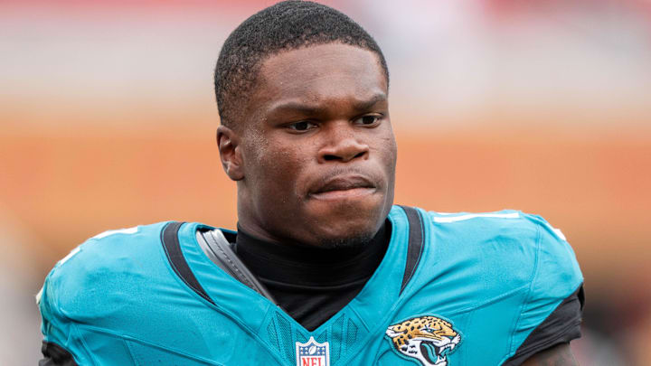 September 28, 2025; Santa Clara, California, USA; Jacksonville Jaguars wide receiver Travis Hunter (12) after the game against the San Francisco 49ers at Levi's Stadium. 