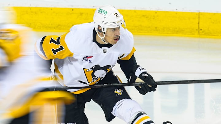 Jan 21, 2026; Calgary, Alberta, CAN; Pittsburgh Penguins center Evgeni Malkin (71) during the warmup period against the Calgary Flames at Scotiabank Saddledome. Mandatory Credit: Sergei Belski-Imagn Images