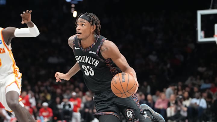 Apr 3, 2026; Brooklyn, New York, USA; Brooklyn Nets center Nic Claxton (33) dribbles the ball towards the basket against the Atlanta Hawks during the first half at Barclays Center. Mandatory Credit: Gregory Fisher-Imagn Images Apr 3, 2026; Brooklyn, New York, USA; Brooklyn Nets center Nic Claxton (33) dribbles the ball towards the basket against the Atlanta Hawks during the first half at Barclays Center. Mandatory Credit: Gregory Fisher-Imagn Images