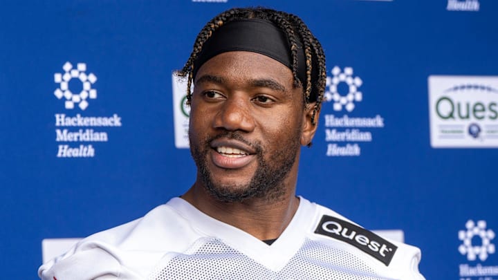 Bobby Okereke, inside linebacker with the NY Giants, speaks to the press after a practice at Quest Diagnostics Training Center, East Rutherford, NJ, May 28, 2025.