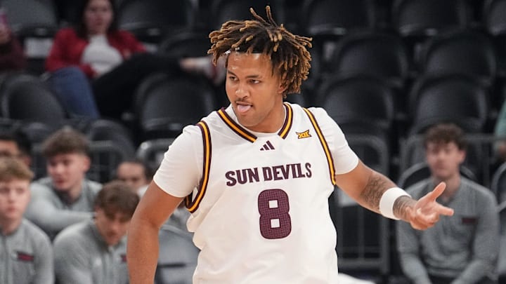 ASU Sun Devils forward Marcus Adams Jr. (8) celebrates his 3-point shot against the Oklahoma Sooners at Mortgage Matchup Center on Dec. 6, 2025, in Phoenix, Arizona. ASU Sun Devils forward Marcus Adams Jr. (8) celebrates his 3-point shot against the Oklahoma Sooners at Mortgage Matchup Center on Dec. 6, 2025, in Phoenix, Arizona.