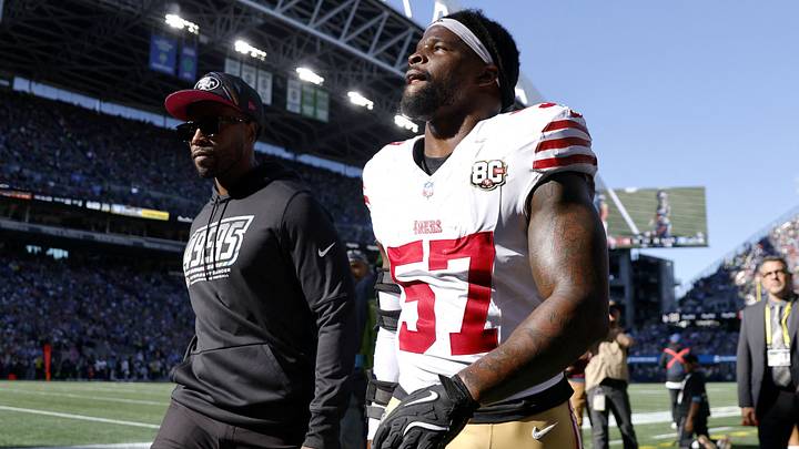 San Francisco 49ers linebacker Dre Greenlaw (57) leaves the field after a game against the Seattle Seahawks at Lumen Field. San Francisco 49ers linebacker Dre Greenlaw (57) leaves the field after a game against the Seattle Seahawks at Lumen Field.