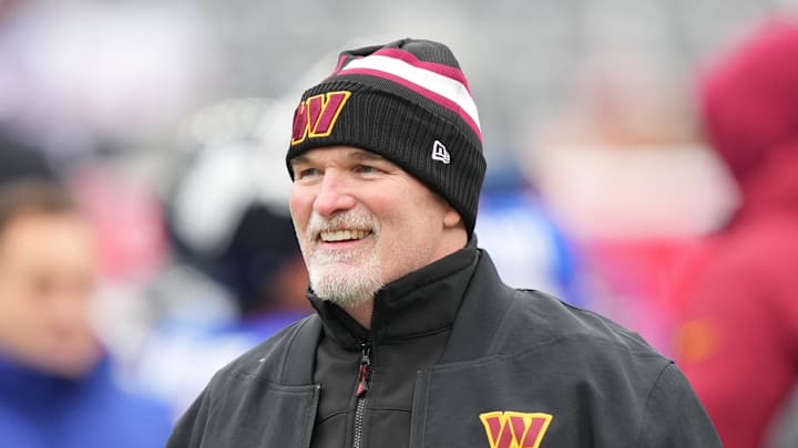 Dec 14, 2025; East Rutherford, New Jersey, USA;  Washington Commanders head coach Dan Quinn looks on during warms up prior to the game against the New York Giants at MetLife Stadium. Mandatory Credit: Robert Deutsch-Imagn Images