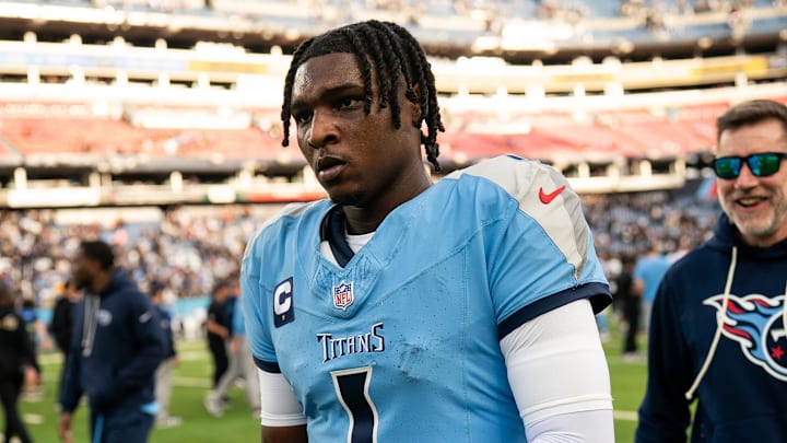 Tennessee Titans quarterback Cam Ward (1) heads to the locker room after the New Orleans Saints won 34-26 at Nissan Stadium in Nashville, Tenn., Sunday, Dec. 28, 2025. Tennessee Titans quarterback Cam Ward (1) heads to the locker room after the New Orleans Saints won 34-26 at Nissan Stadium in Nashville, Tenn., Sunday, Dec. 28, 2025.