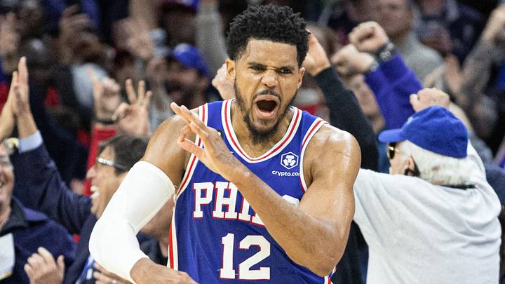 Feb 23, 2023; Philadelphia, Pennsylvania, USA; Philadelphia 76ers forward Tobias Harris (12) reacts to his three pointer against the Memphis Grizzlies in the final minute the fourth quarter at Wells Fargo Center. Mandatory Credit: Bill Streicher-USA TODAY Sports
