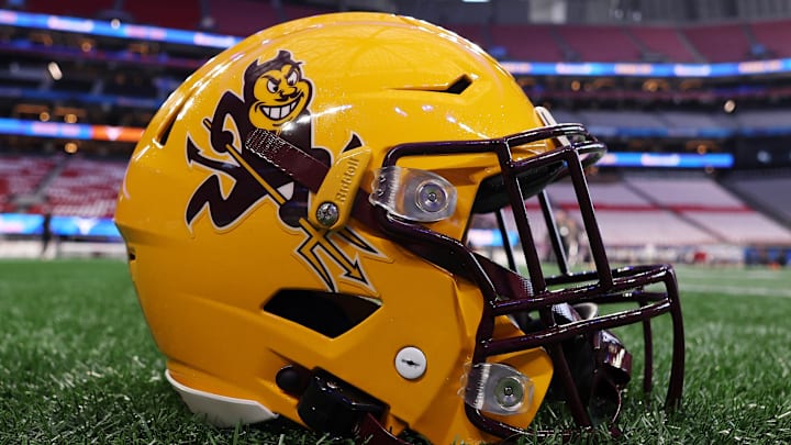 Jan 1, 2025; Atlanta, GA, USA; A detail view of an Arizona State Sun Devils helmet before the Peach Bowl at Mercedes-Benz Stadium. Mandatory Credit: Brett Davis-Imagn Images Jan 1, 2025; Atlanta, GA, USA; A detail view of an Arizona State Sun Devils helmet before the Peach Bowl at Mercedes-Benz Stadium. Mandatory Credit: Brett Davis-Imagn Images