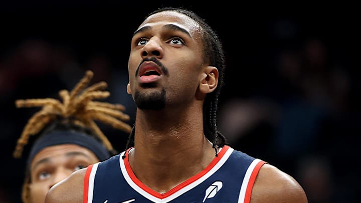 Mar 29, 2025; Washington, District of Columbia, USA; Washington Wizards forward Alex Sarr (20) looks on during the first half against the Brooklyn Nets at Capital One Arena. Mandatory Credit: Daniel Kucin Jr.-Imagn Images Mar 29, 2025; Washington, District of Columbia, USA; Washington Wizards forward Alex Sarr (20) looks on during the first half against the Brooklyn Nets at Capital One Arena. Mandatory Credit: Daniel Kucin Jr.-Imagn Images