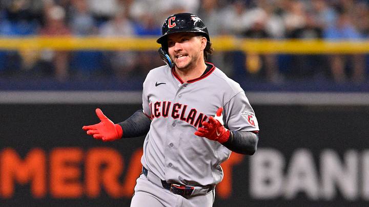 St. Petersburg, Florida, USA;  Cleveland Guardians catcher Patrick Bailey (16) rounds the bases after hitting a solo home run against the Tampa Bay Rays during the seventh inning in game one of the ALCS for the 2026 MLB Playoffs at Tropicana Field.  Mandatory Credit: Pablo Robles-Imagn Images