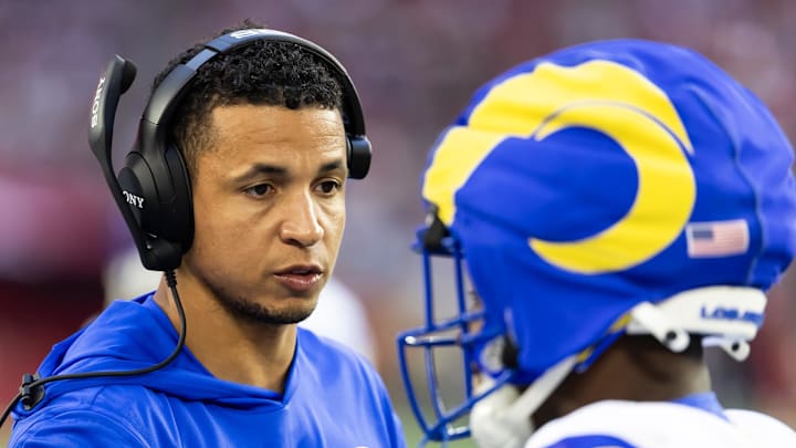 Dec 7, 2025; Glendale, Arizona, USA; Los Angeles Rams  pass game coordinator Nate Scheelhaase against the Arizona Cardinals at State Farm Stadium. Mandatory Credit: Mark J. Rebilas-Imagn Images
