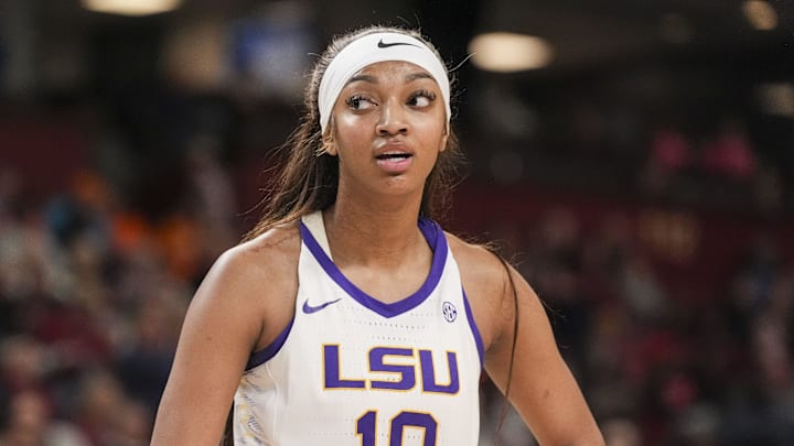 Mar 8, 2024; Greensville, SC, USA; LSU Lady Tigers forward Angel Reese (10) talks to an official during the first half against the Auburn Tigers at Bon Secours Wellness Arena. Mandatory Credit: Jim Dedmon-Imagn Images