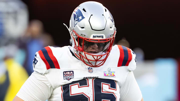 Feb 8, 2026; Santa Clara, CA, USA; New England Patriots offensive tackle Will Campbell (66) against the Seattle Seahawks during Super Bowl LX at Levi's Stadium. Mandatory Credit: Mark J. Rebilas-Imagn Images