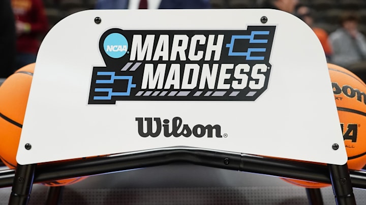 Mar 23, 2024; Omaha, NE, USA; A general view of the NCAA March Madness basketballs, chair, and logo prior to the second round game between the Washington State Cougars and the Iowa State Cyclones in the 2024 NCAA Men’s Tournament at CHI Health Center Omaha. Mar 23, 2024; Omaha, NE, USA; A general view of the NCAA March Madness basketballs, chair, and logo prior to the second round game between the Washington State Cougars and the Iowa State Cyclones in the 2024 NCAA Men’s Tournament at CHI Health Center Omaha.