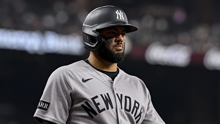 Aug 4, 2025; Arlington, Texas, USA; New York Yankees left fielder Jasson Dominguez (24) during the game between the Texas Rangers and the New York Yankees at Globe Life Field. Mandatory Credit: Jerome Miron-Imagn Images