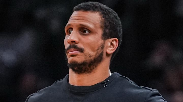Apr 28, 2026; Boston, Massachusetts, USA; Boston Celtics head coach Joe Mazzulla watches from the sideline as they take on the Philadelphia 76ers during game five of the first round of the 2026 NBA Playoffs at TD Garden. Mandatory Credit: David Butler II-Imagn Images