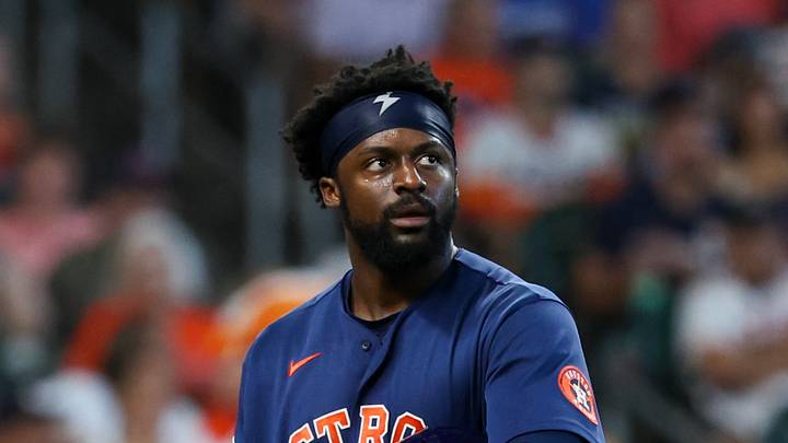 Aug 2, 2026; Houston, Texas, USA; Houston Astros center fielder Taylor Trammell (26) reacts after being called out against the Texas Rangers in the third inning at Daikin Park. Mandatory Credit: Thomas Shea-Imagn Images Aug 2, 2026; Houston, Texas, USA; Houston Astros center fielder Taylor Trammell (26) reacts after being called out against the Texas Rangers in the third inning at Daikin Park. Mandatory Credit: Thomas Shea-Imagn Images