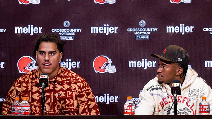 Apr 24, 2026; Berea, OH, USA; Cleveland Browns first round draft picks Spencer Fano, left, and KC Concepcion talk to the media during an introductory press conference at CrossCountry Mortgage Campus. Mandatory Credit: Ken Blaze-Imagn Images