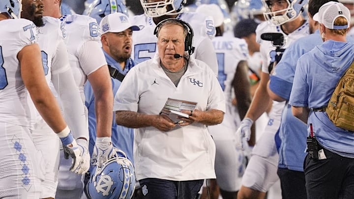 Sep 6, 2025; Charlotte, North Carolina, USA;  North Carolina Tar Heels head coach Bill Belichic during the first quarter against the Charlotte 49ers at Jerry Richardson Stadium. Mandatory Credit: Jim Dedmon-Imagn Images