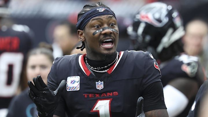 Sep 29, 2024; Houston, Texas, USA; Houston Texans wide receiver Stefon Diggs (1) during the game against the Jacksonville Jaguars at NRG Stadium. Mandatory Credit: Troy Taormina-Imagn Images