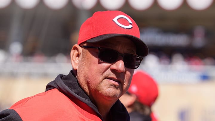 Apr 19, 2026; Minneapolis, Minnesota, USA; Cincinnati Reds manager Terry Francona (77) watches play against the Minnesota Twins in the seventh inning at Target Field. Mandatory Credit: Matt Blewett-Imagn Images