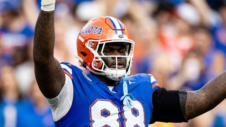 Florida Gators defensive lineman Caleb Banks (88) hypes the crowd during the first half against the Vanderbilt Commodores at Steve Spurrier Field at Ben Hill Griffin Stadium in Gainesville, FL on Saturday, October 7, 2023. [Matt Pendleton/Gainesville Sun]