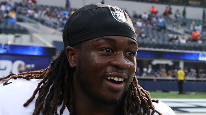 Nov 30, 2025; Inglewood, California, USA; Las Vegas Raiders running back Ashton Jeanty (2) reacts before the game at SoFi Stadium. Mandatory Credit: Kiyoshi Mio-Imagn Images