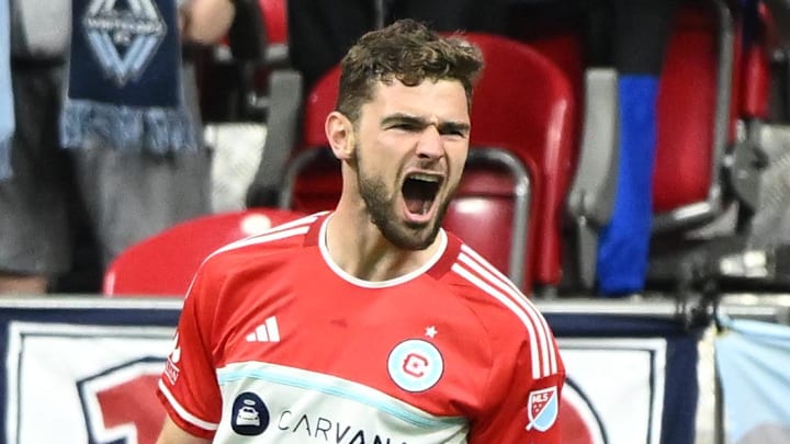 Chicago Fire FC forward Hugo Cuypers (9) celebrates scoring against the Vancouver Whitecaps FC first half at BC Place. 