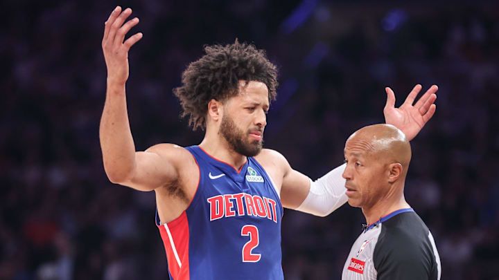Apr 29, 2025; New York, New York, USA; Detroit Pistons guard Cade Cunningham (2) during game five of first round for the 2025 NBA Playoffs at Madison Square Garden. Mandatory Credit: Wendell Cruz-Imagn Images