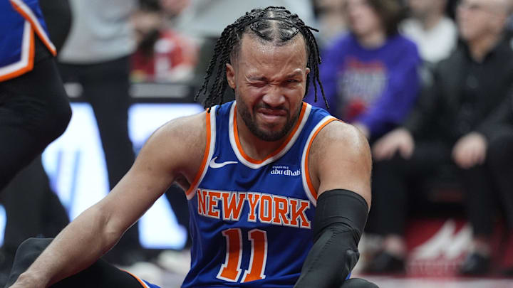 Mar 3, 2026; Toronto, Ontario, CAN; New York Knicks guard Jalen Brunson (11) reacts after getting poked in the eye during a collision with a Toronto Raptors player during the second half at Scotiabank Arena. Mandatory Credit: John E. Sokolowski-Imagn Images